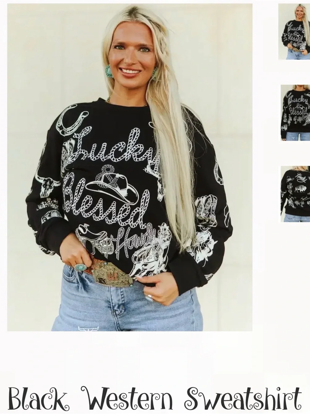 3XL Lucky & Blessed Black Crewneck Sweater with White Western Graphics